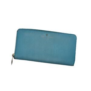 Kate Spade Spencer Zip Around Wallet Blue Leather Gold Hardware Polka Dot Boho